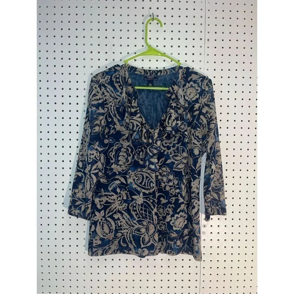 Chaps Denim ruffle front blouse